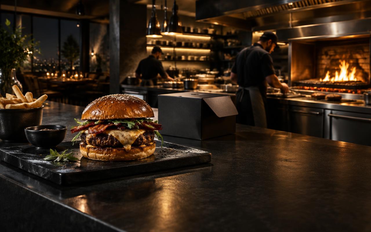Hamburgueria premium com cozinha aberta