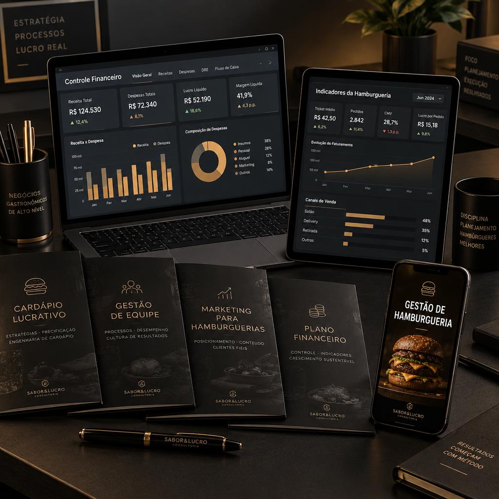 Kit completo de gestão para hamburguerias em notebook, tablet, celular e guias