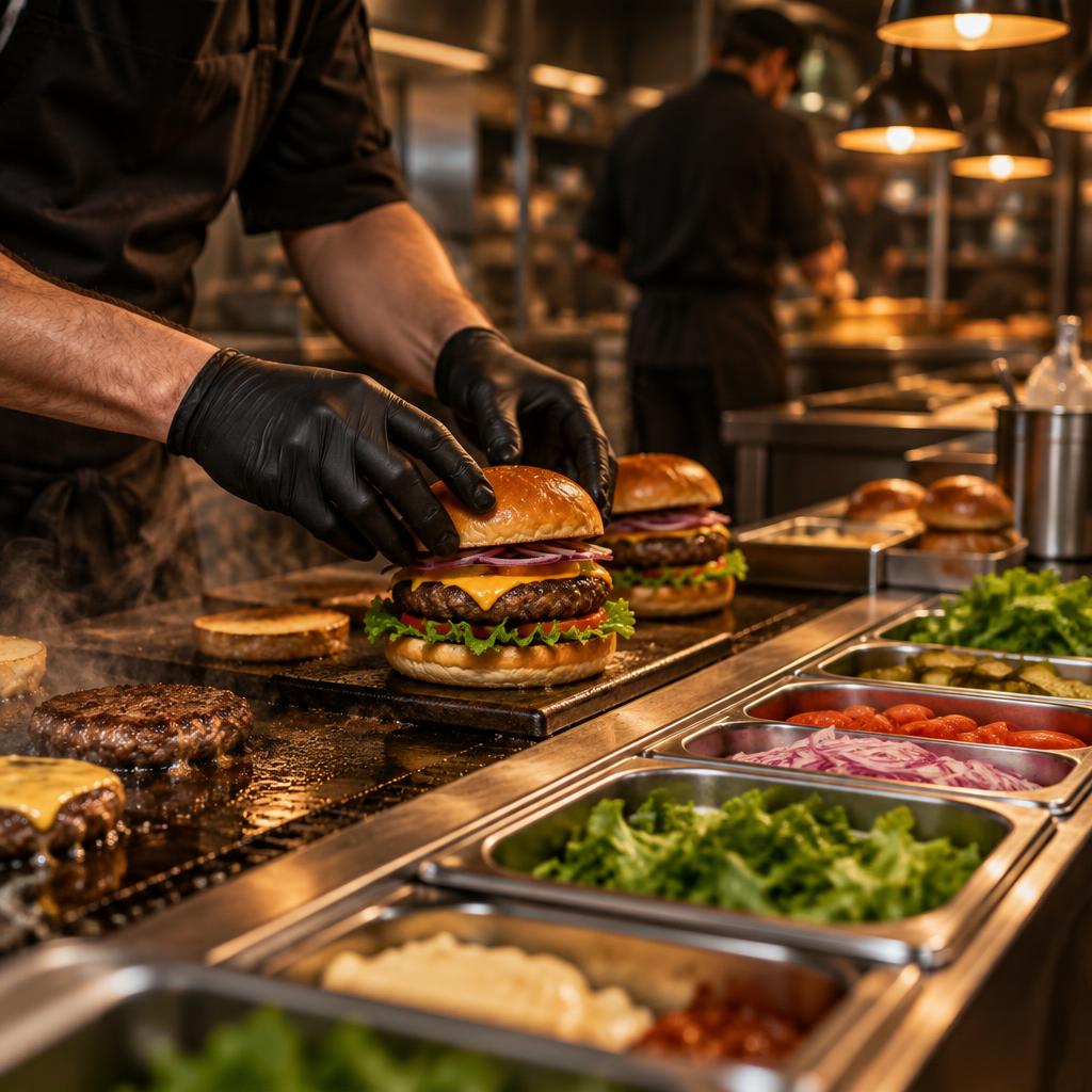 Cozinha profissional de hamburgueria durante a operação